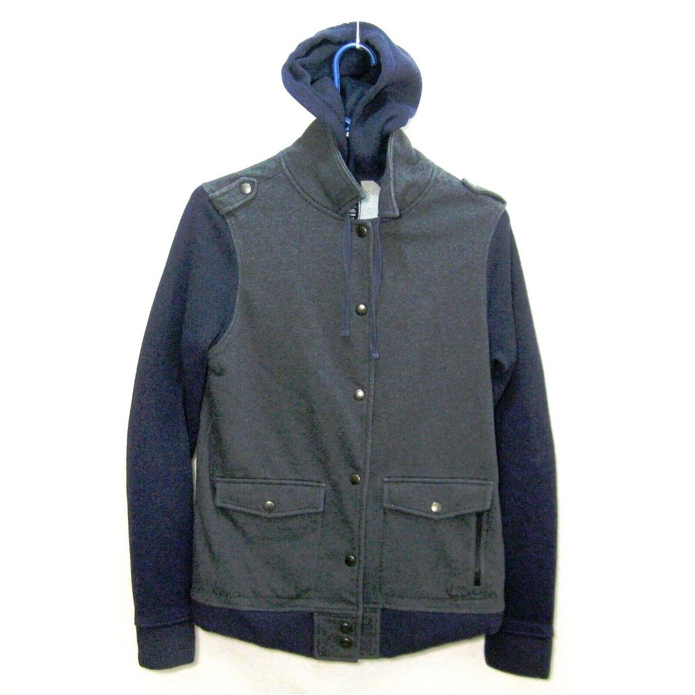 REI Women's (Size Medium) Gray Blue Button Front Hoodie Hooded Sweatshirt Top